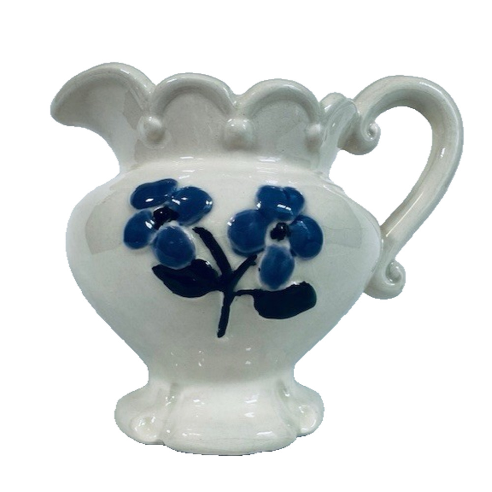 Vintage Folk Art Creamer/ Small Pitcher Ceramic Hand Painted White w/Blue Flower